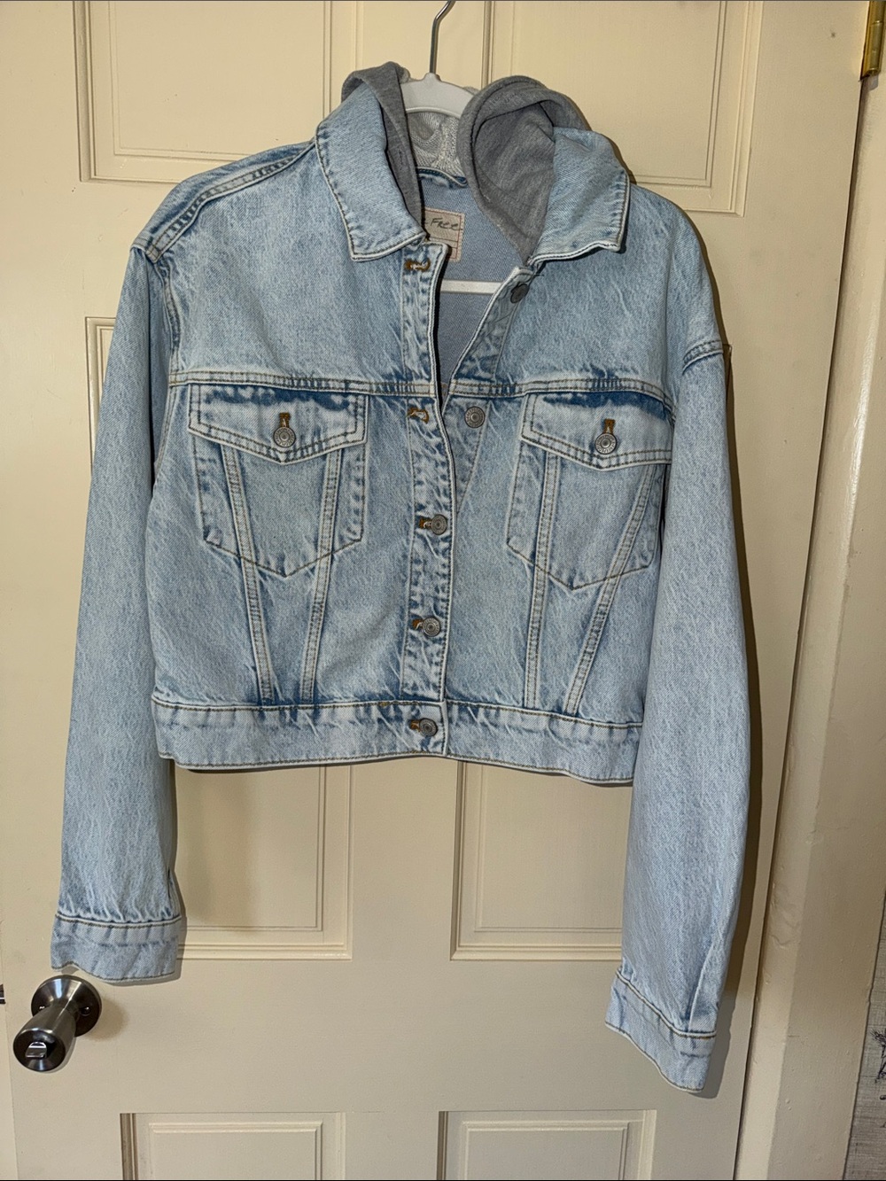 We The Free Light Wash Denim Jacket with Gray Hood